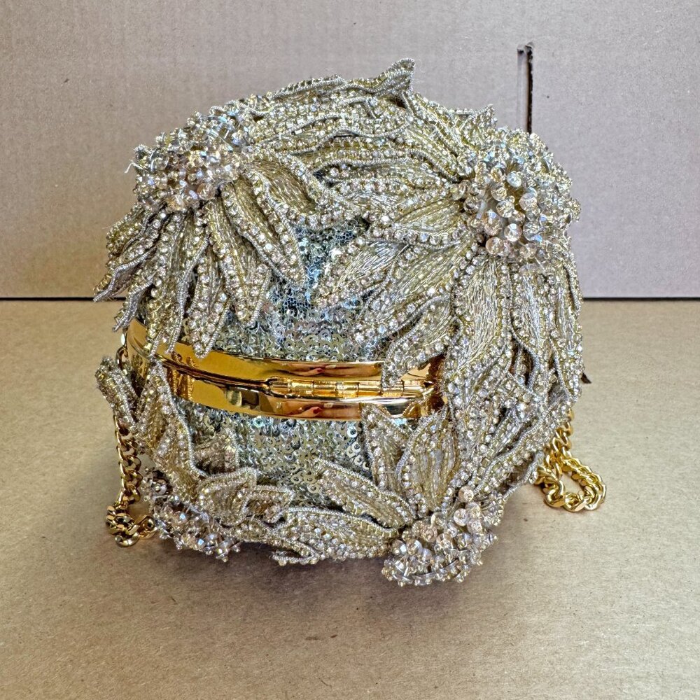 OSCAR DE LA RENTA Crystal Sunflower Embroidery Billiard Bag In Beige - Picture 5 of 11